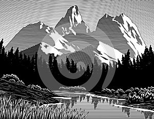 Woodcut Mountain Lake Scene