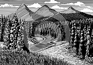 Woodcut Mountain Stream