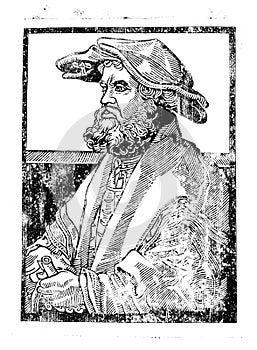 Woodcut. Portrait of a man in a hat. Medieval graphics. Graphic arts. High printing. Ancient engraving. Artifact. Vintage graphics