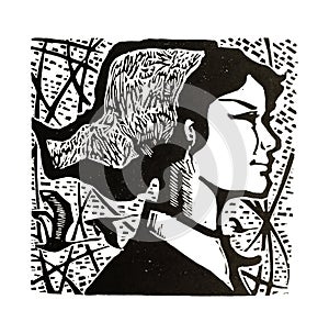 Woodcut print, portrait of longing for life and dream