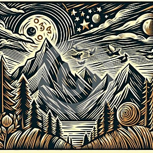 Woodcut Print A printmaking technique where an image photo