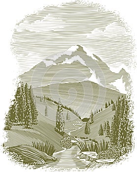 Woodcut River Scene Vignette