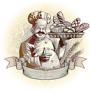 Woodcut style baker with bread