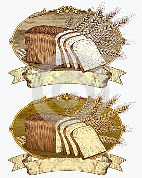 Woodcut style bread and wheat label