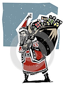 Woodcut style expressionistic Santa Claus on Christmas in the snow