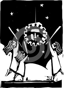 Woodcut style of girls hitting a pinata that looks like a covid spore