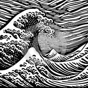 Woodcut Style Great Foamy Sea Wave