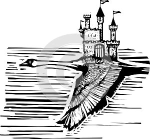 Woodcut style Swan and castle