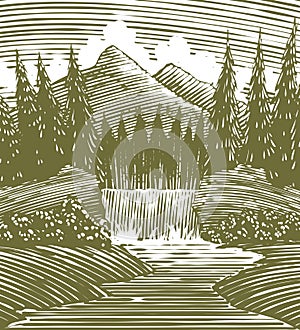 Woodcut Waterfall Wilderness