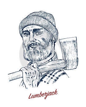 Woodcutter or lumberjack with an ax. Traditional man with a beard. Hipster works in the forest. Engraved hand drawn line