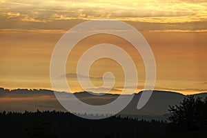 Wooded hills in the morning sun and fog