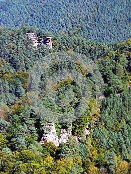 Wooded hilly landscape in autumn colors and sandstone cliffs in south germany