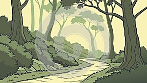 Wooded Path Winding Through a Dense and Tranquil Forest, vector design Generative AI
