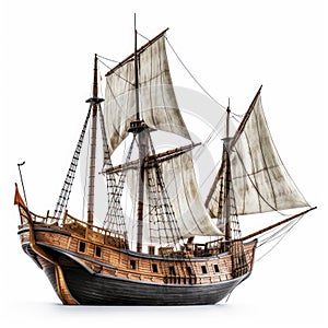 Wooden 15 th century sail boat isolated on white,AI Generated