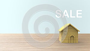 Wooden 3d home shape with sale word white on wood table and copyspace for your text. Ideas house concept. Illustration isolated