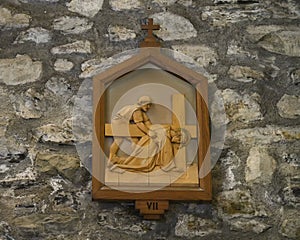 Wooden 7th Station of the Cross, Church of Santa Margherita d`Antiochia in Vernazza, Liguria, Italy