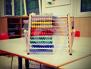 wooden abacus in the classroom to learn decimal numeral system w