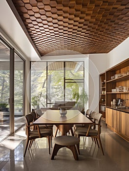 Wooden abstract mesh ceiling in mid-century dining room. Interior design of modern home