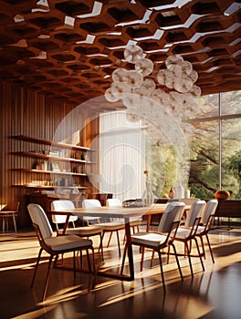 Wooden abstract mesh ceiling in mid-century dining room. Interior design of modern home