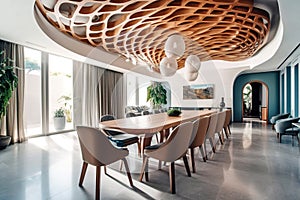 Wooden abstract mesh ceiling in mid-century dining room. Interior design of modern home. Created with generative AI