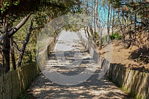 Wooden access sea beach scenic dunes protect by fence on bright summer day in Le Porge ocean atlantique France