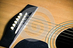 Wooden acoustic guitar bar. detail of classic guitar