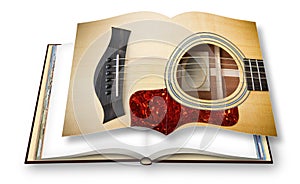 Wooden acoustic guitar on opened photobook  on white background - I`m the copyright owner of the images used in this 3D