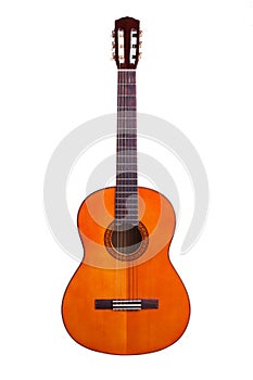 Wooden acoustic guitar on a white background