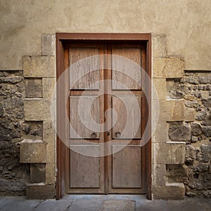 Wooden aged door on grunge stone bricks wall