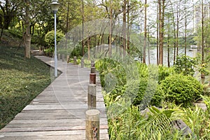 Wooden alley arranged in the Shimen Forest Park