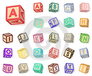 Wooden alphabet blocks font rotated. 3D