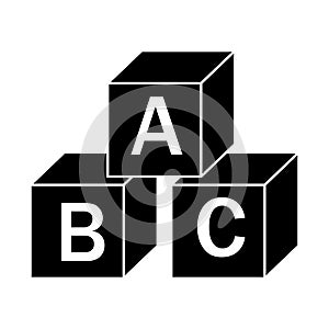 Wooden alphabet cubes with letters A, B, C, black icon, vector isolated illustration