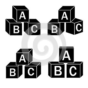 Wooden alphabet cubes with letters A, B, C, black icon, vector isolated illustration