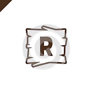 Wooden alphabet or font blocks with letter r in wood texture area with outline.