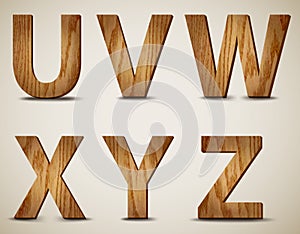 Wooden Alphabet Letters U, V, W, X, Y, Z. Vector