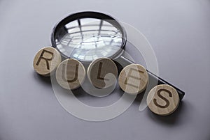 Wooden alphabet of word rules over a magnifying glass