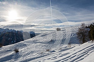 Wooden alpine hut in ski resort Serfaus Fiss Ladis in Austria wi