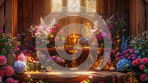A wooden altar is adorned with fresh flowers and herbs surrounding a golden chalice and a sharp ritualistic blade. The