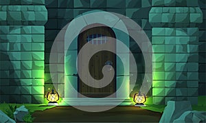 Wooden ancient medieval castle door with brick wall, stones and two street lights. Night scene. Cartoon vector