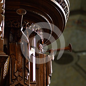 Wooden angel carvings in Rockefeller Chapel, Chicago.