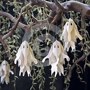 Wooden angel wings hanging on a tree branch,  Halloween decoration