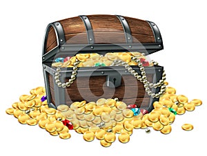 Wooden antique chest full of gold coins and jewelry on a white background. Realistic illustration