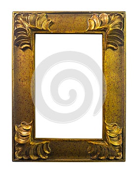 Wooden antique golden photo frame isolated on white background.