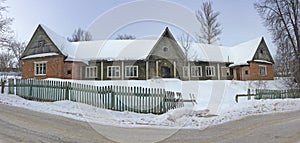 Wooden apartment house built in Stalin time. Iksha town, Moscow region.