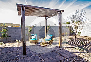 Wooden Arbor Over Back Yard Patio Furniture