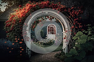 wooden arch with bright red flowers in garden of house in cozy backyard