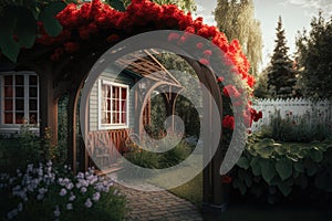 wooden arch with bright red flowers in garden of house in cozy backyard