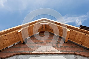 Wooden arch roof. Roof under construction.