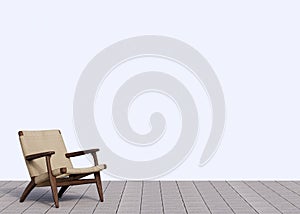 wooden armchair garden furniture in the garden on paving floor