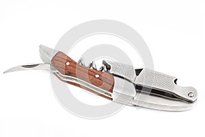 Wooden army knife multi-tool on white background